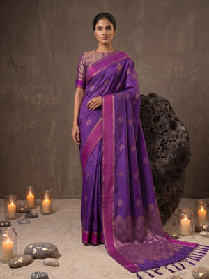 Luxurious Purple Silk Blend Saree Featuring Elegant Zari Weaving Work & Tassel Accents - Image 1