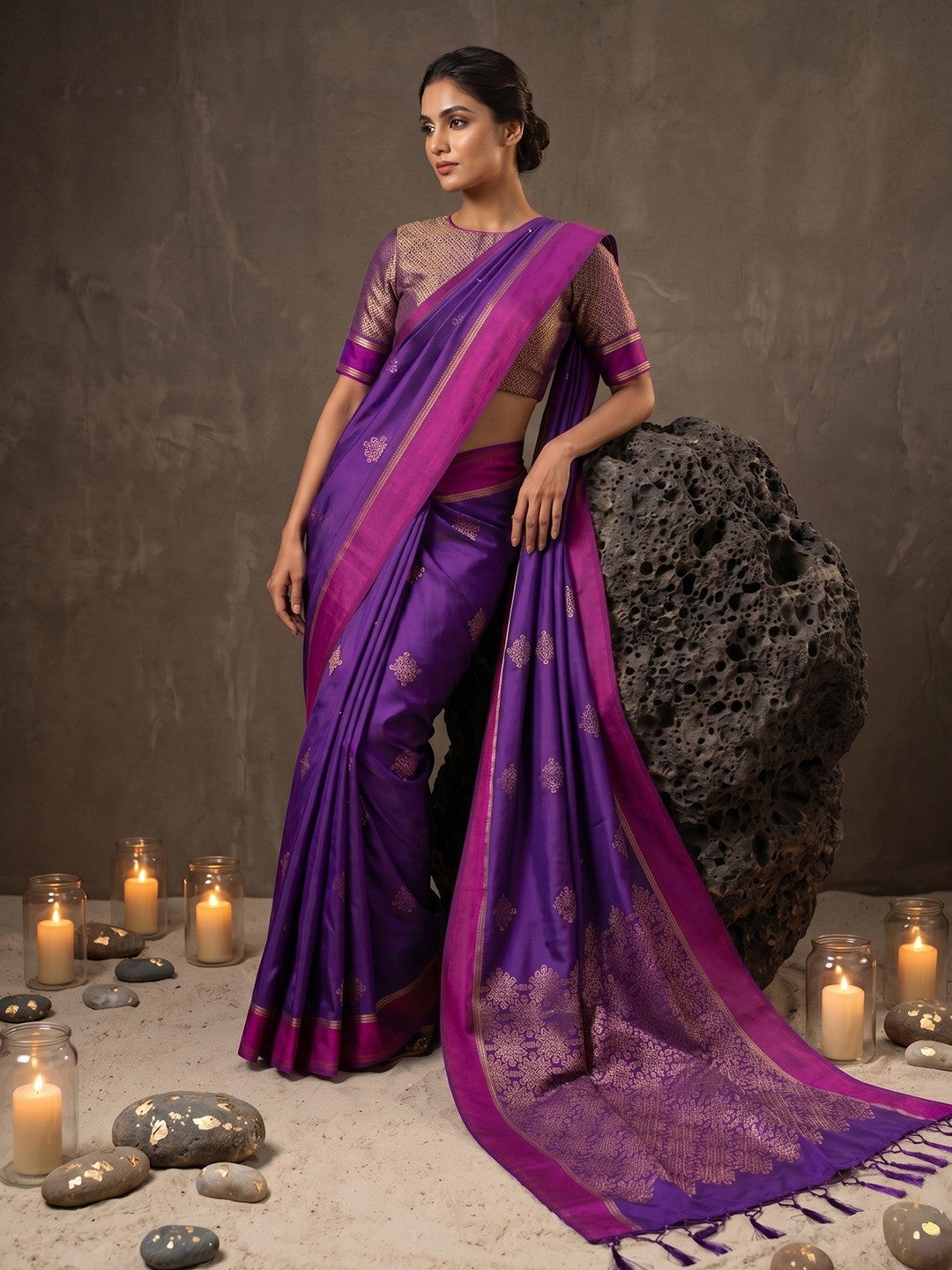 Luxurious Purple Silk Blend Saree Featuring Elegant Zari Weaving Work & Tassel Accents - Image 5