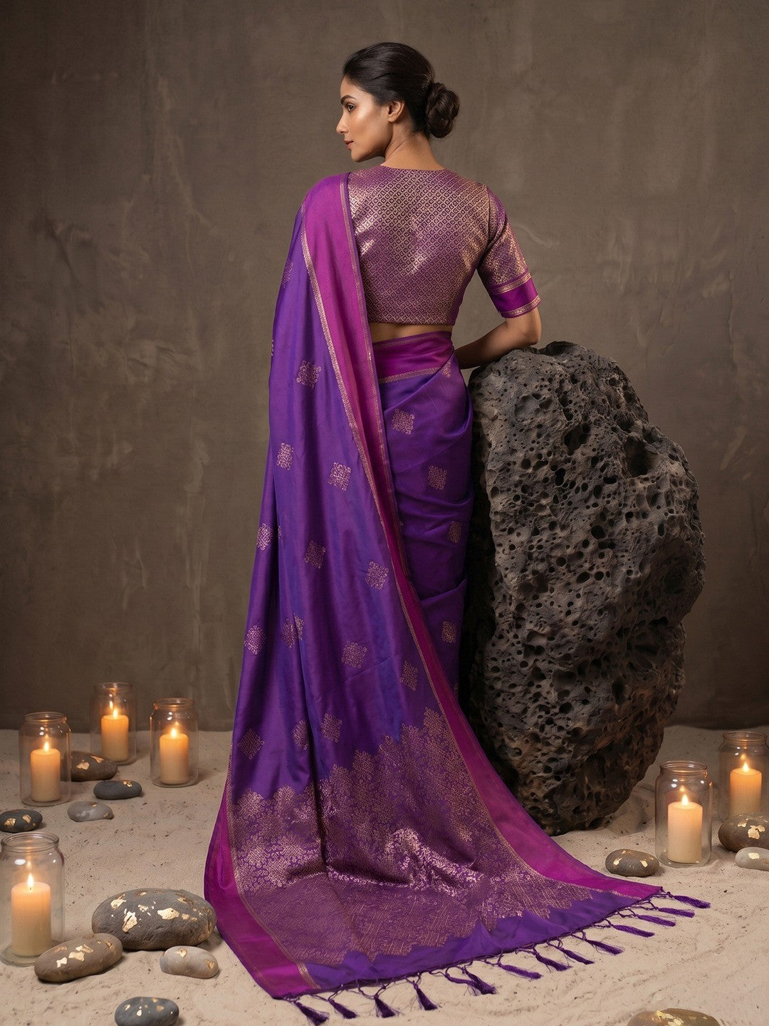 Luxurious Purple Silk Blend Saree Featuring Elegant Zari Weaving Work & Tassel Accents - Image 2
