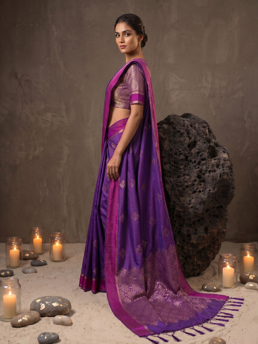Luxurious Purple Silk Blend Saree Featuring Elegant Zari Weaving Work & Tassel Accents - Image 4