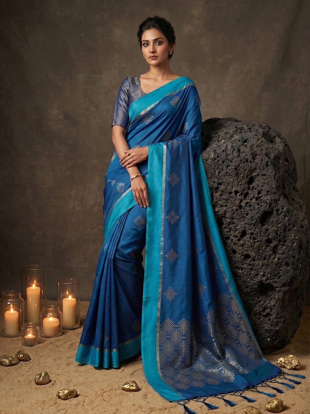 Luxurious Blue Silk Blend Saree Featuring Elegant Zari Weaving Work & Tassel Accents - Image 1