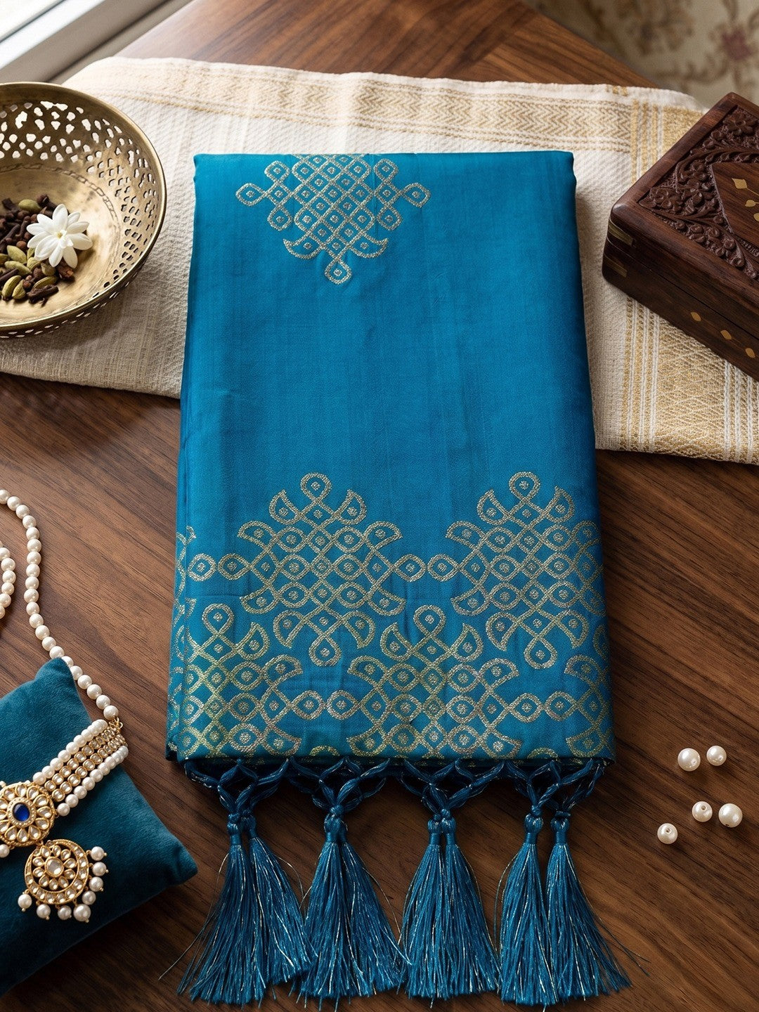 Luxurious Blue Silk Blend Saree Featuring Elegant Zari Weaving Work & Tassel Accents - Image 2