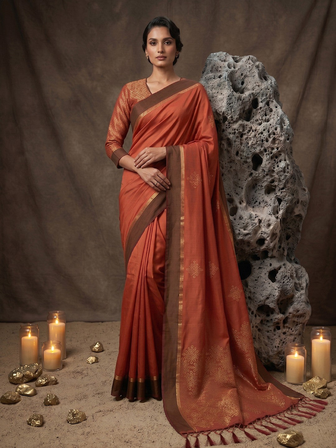 Luxurious Rust Silk Blend Saree Featuring Elegant Zari Weaving Work & Tassel Accents - Image 1