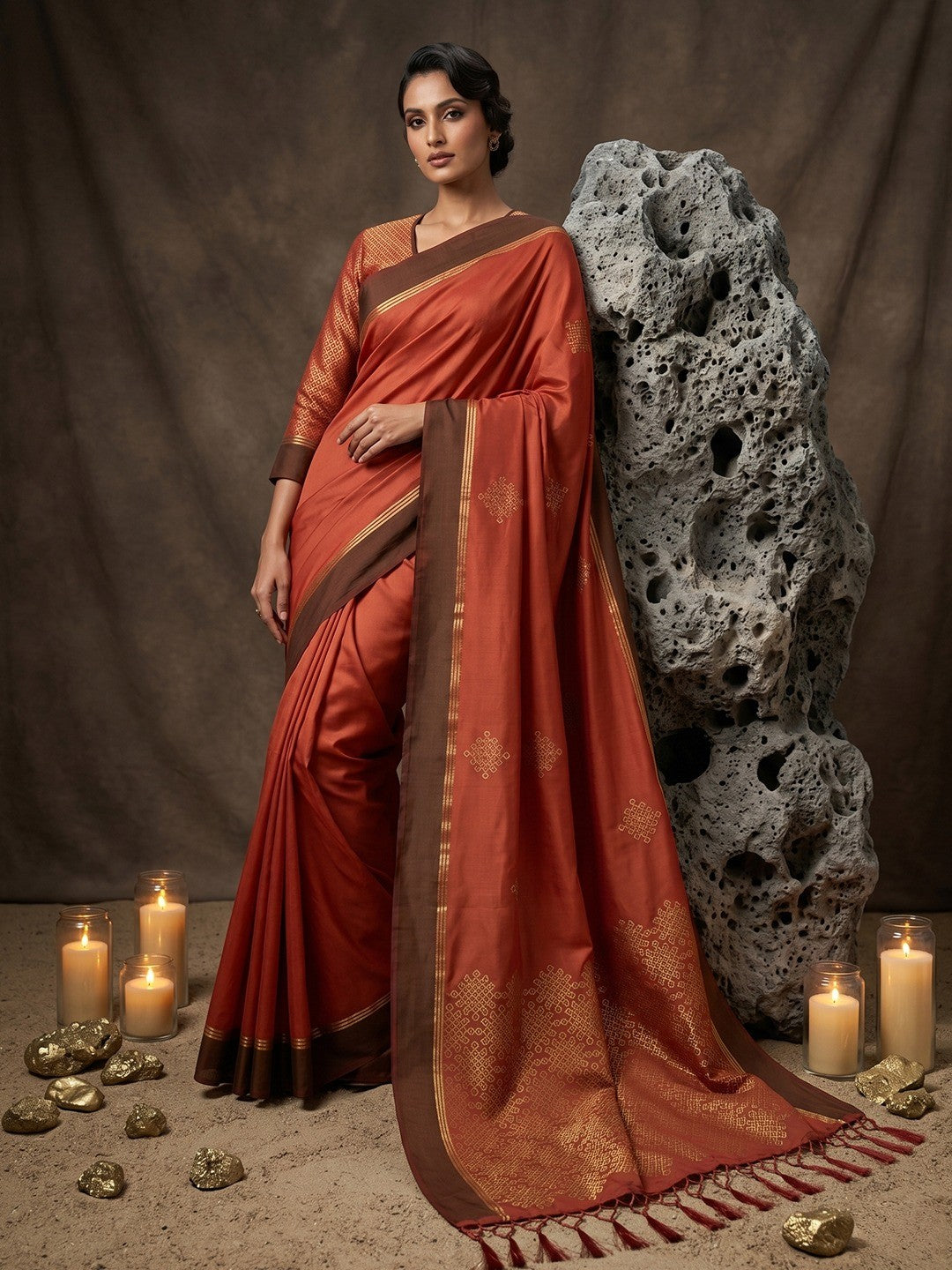Luxurious Rust Silk Blend Saree Featuring Elegant Zari Weaving Work & Tassel Accents - Image 3