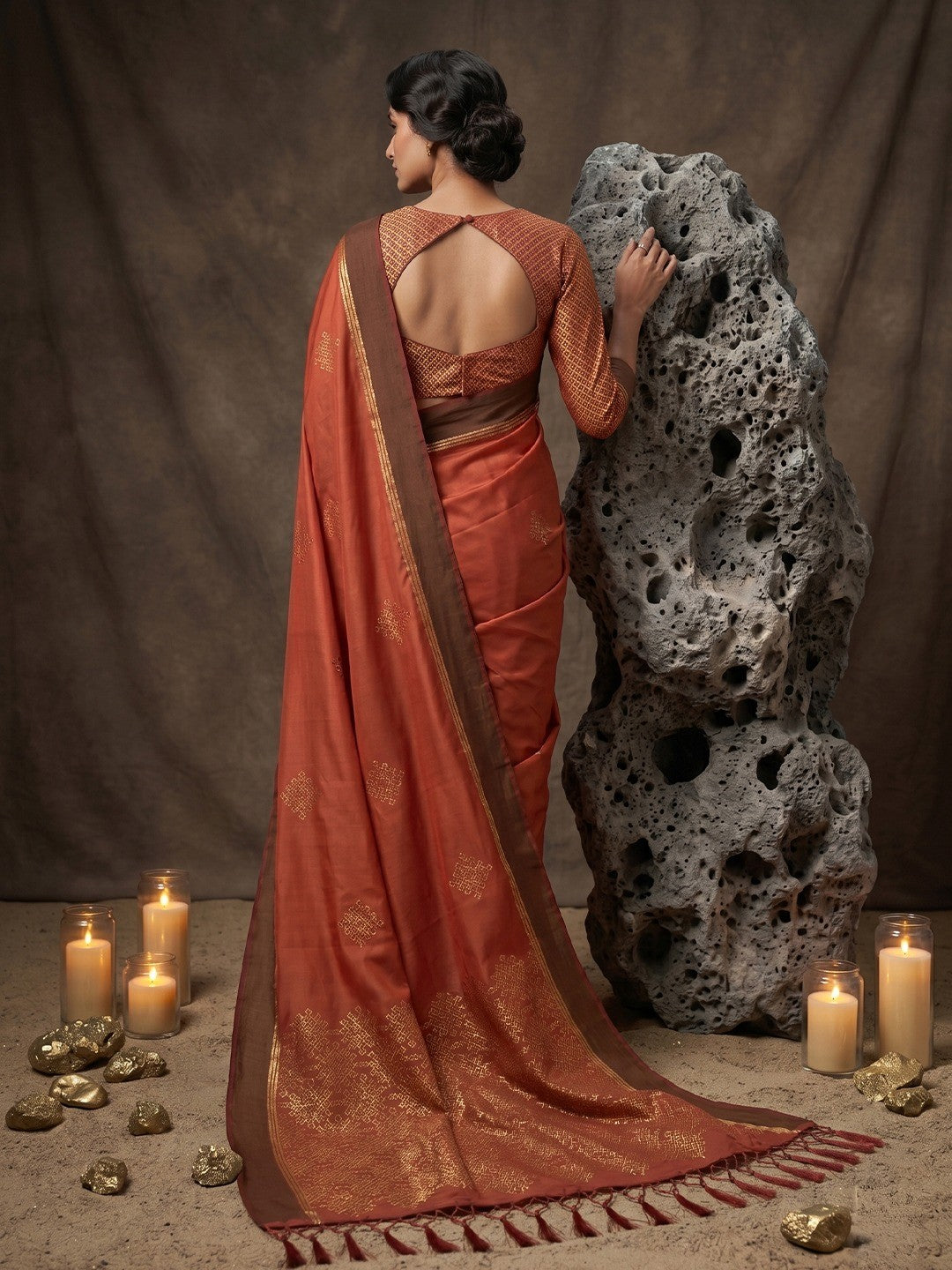 Luxurious Rust Silk Blend Saree Featuring Elegant Zari Weaving Work & Tassel Accents - Image 2