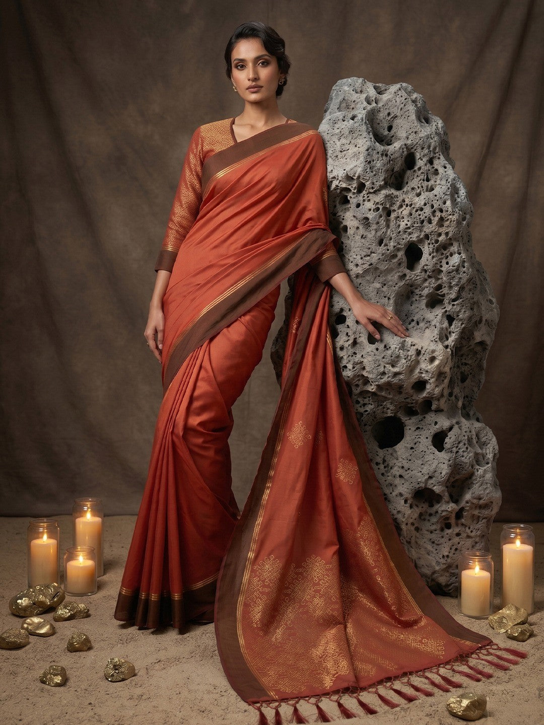 Luxurious Rust Silk Blend Saree Featuring Elegant Zari Weaving Work & Tassel Accents - Image 4