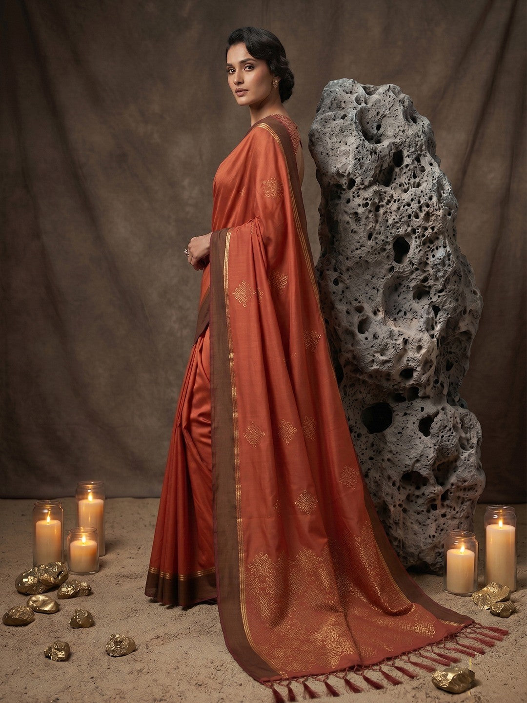 Luxurious Rust Silk Blend Saree Featuring Elegant Zari Weaving Work & Tassel Accents - Image 5