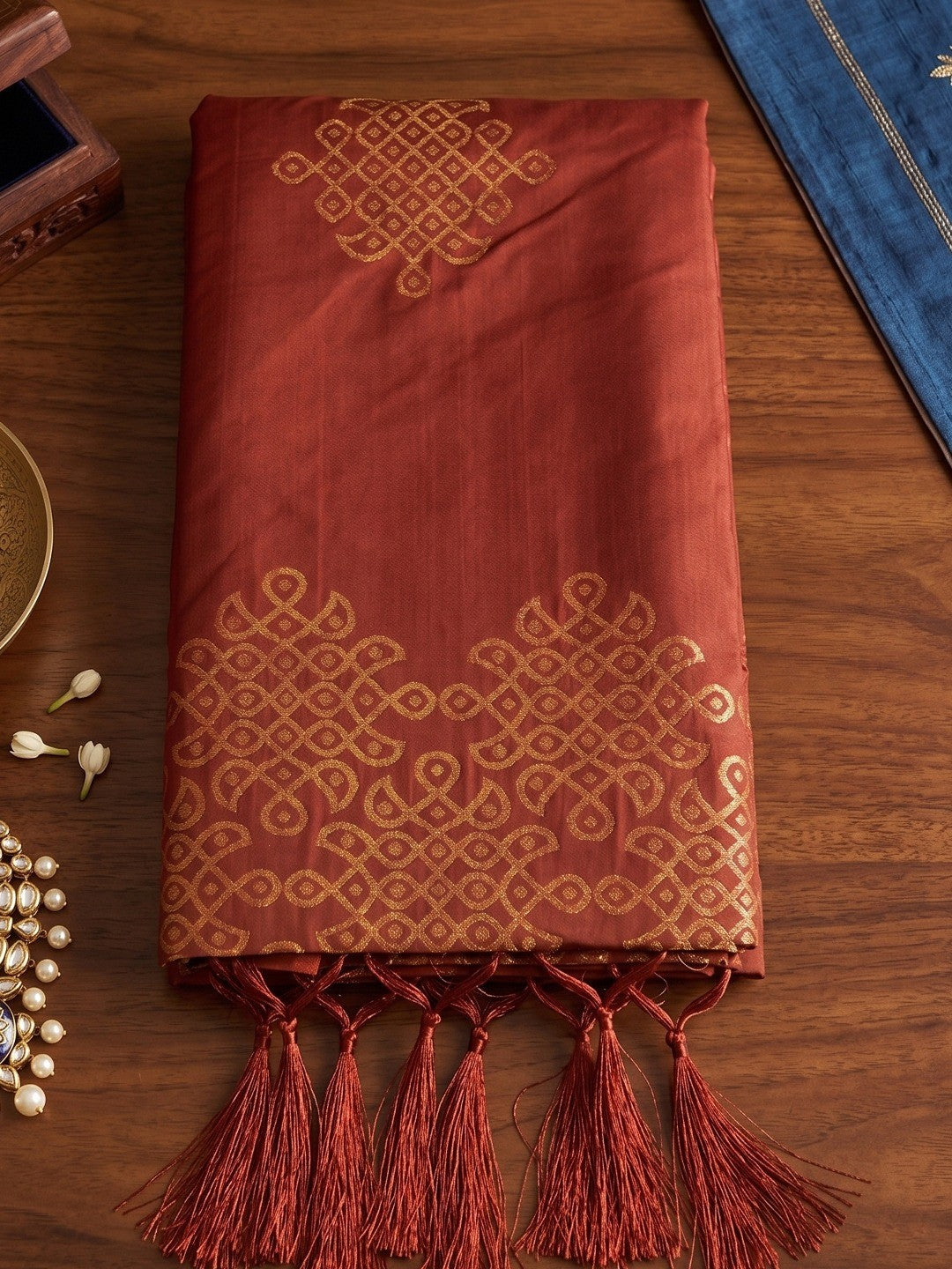 Luxurious Rust Silk Blend Saree Featuring Elegant Zari Weaving Work & Tassel Accents - Image 6