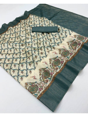 Elegant Offwhite & Blue Pure Cotton Saree with Digital Print and Woven Border - Image 2