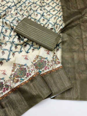 Offwhite & Green Digital Print Pure Cotton Saree with Woven Border - Image 2