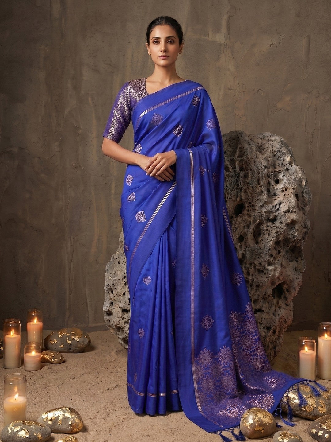 Luxurious Royal Blue Silk Blend Saree Featuring Elegant Zari Weaving Work & Tassel Accents - Image 1