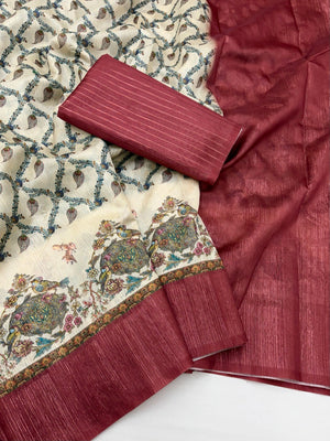 Offwhite & Maroon Pure Cotton Digital Print Saree with Woven Border - Image 2