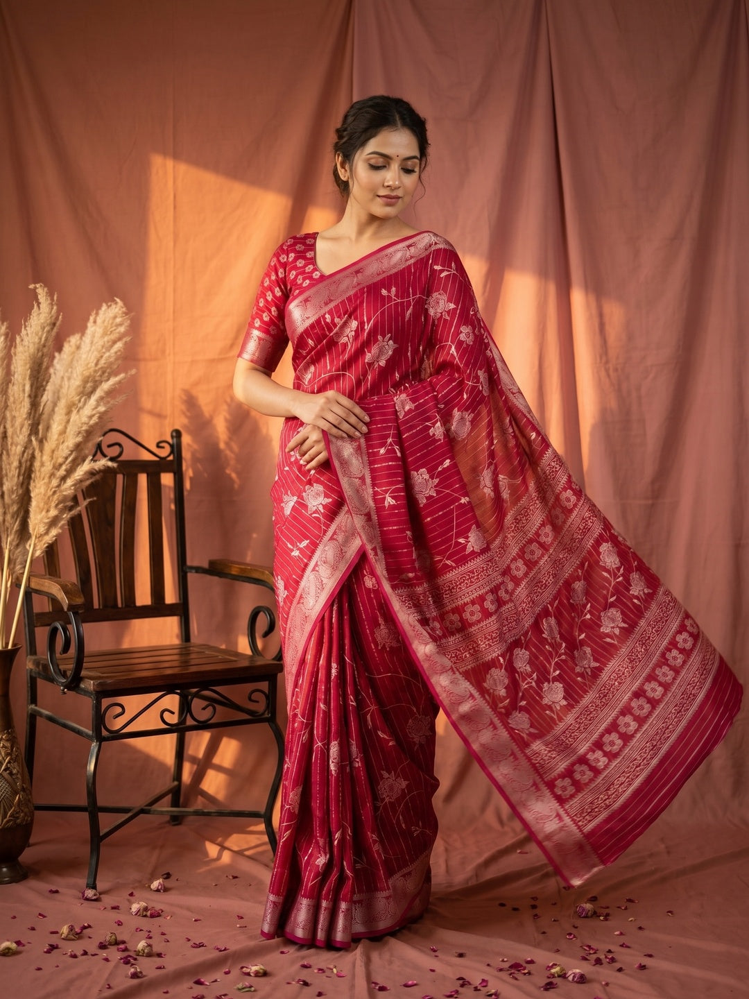 Elegant Pink Crepe Saree with Zari Work Jacquard Border - Image 1