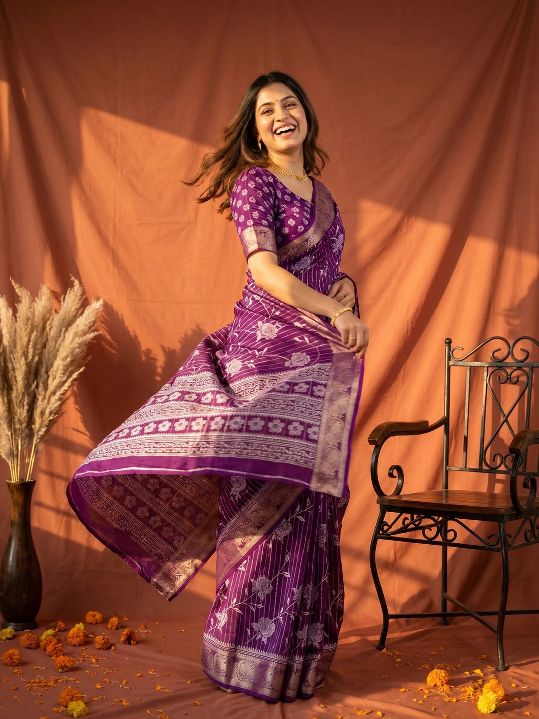 Elegant Purple Crepe Saree with Floral Print and Zari Jacquard Border - Image 1