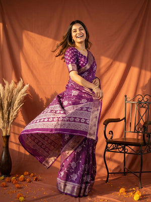 Elegant Purple Crepe Saree with Floral Print and Zari Jacquard Border - Image 1