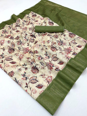 Elegant Cream & Green Floral Digital Printed Cotton Silk Saree With Rich Weaving Border Work - Image 2