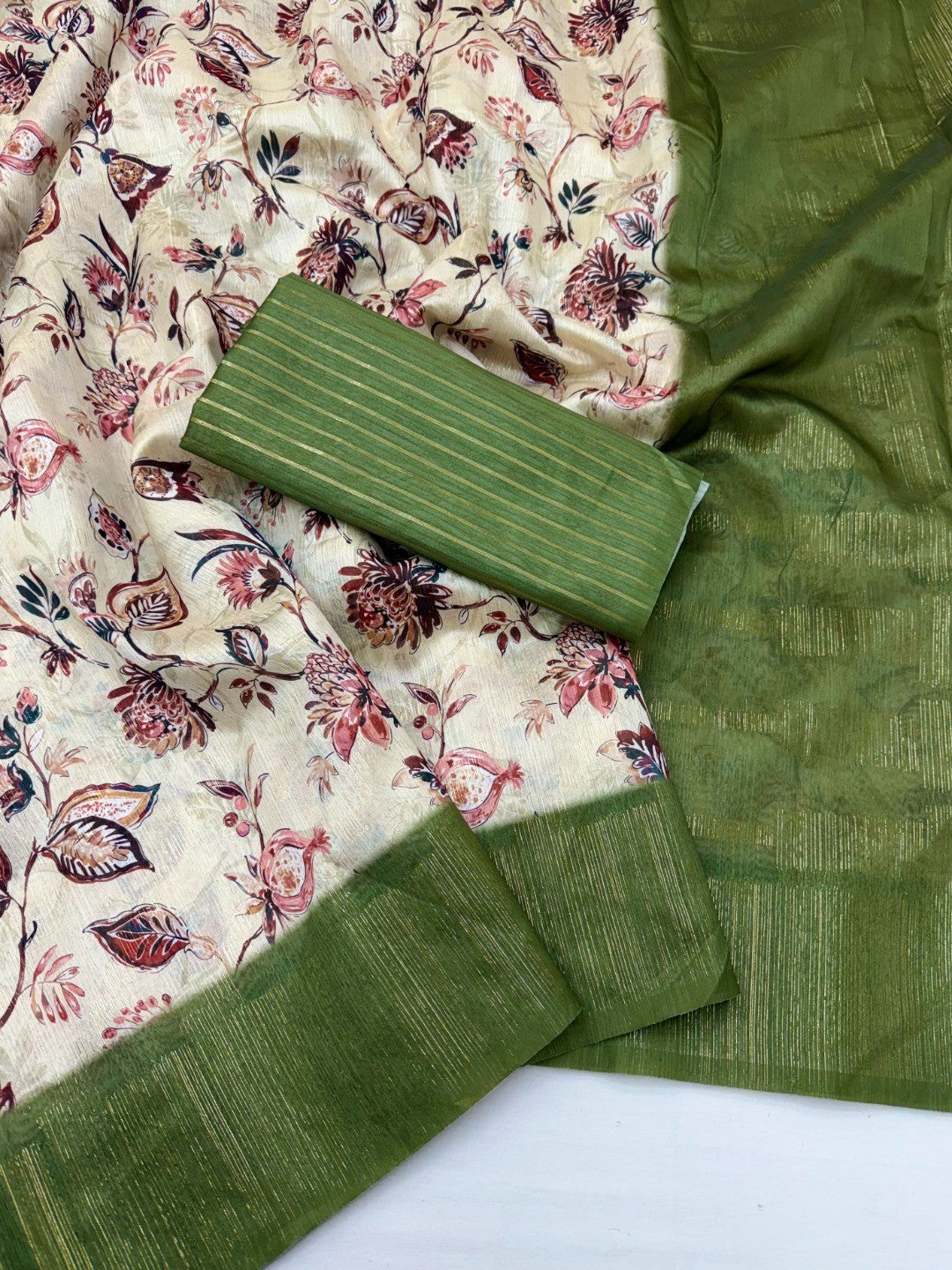Elegant Cream & Green Floral Digital Printed Cotton Silk Saree With Rich Weaving Border Work - Image 3