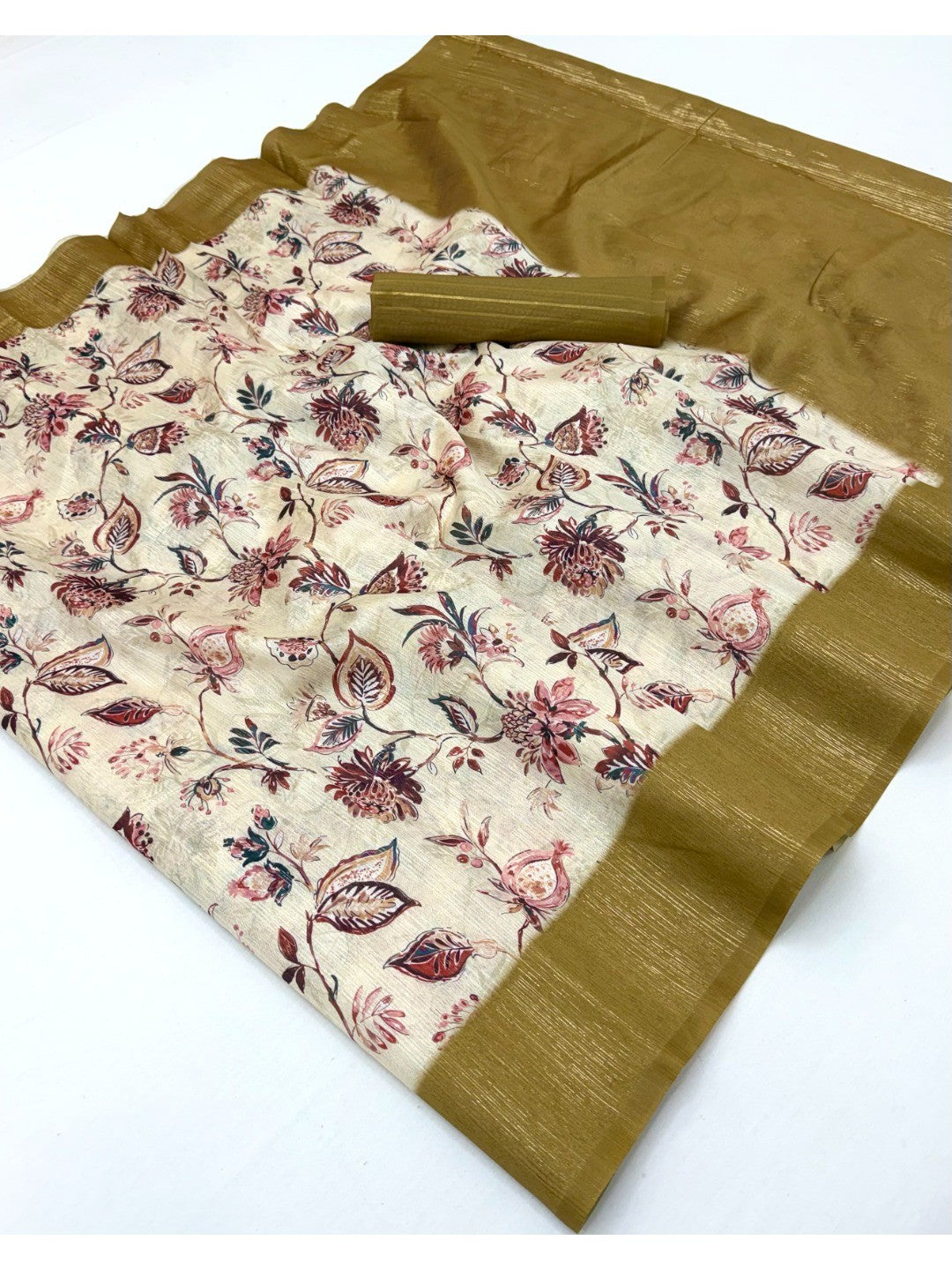 Elegant Cream & Golden Olive Floral Digital Printed Cotton Silk Saree With Rich Weaving Border Work - Image 3