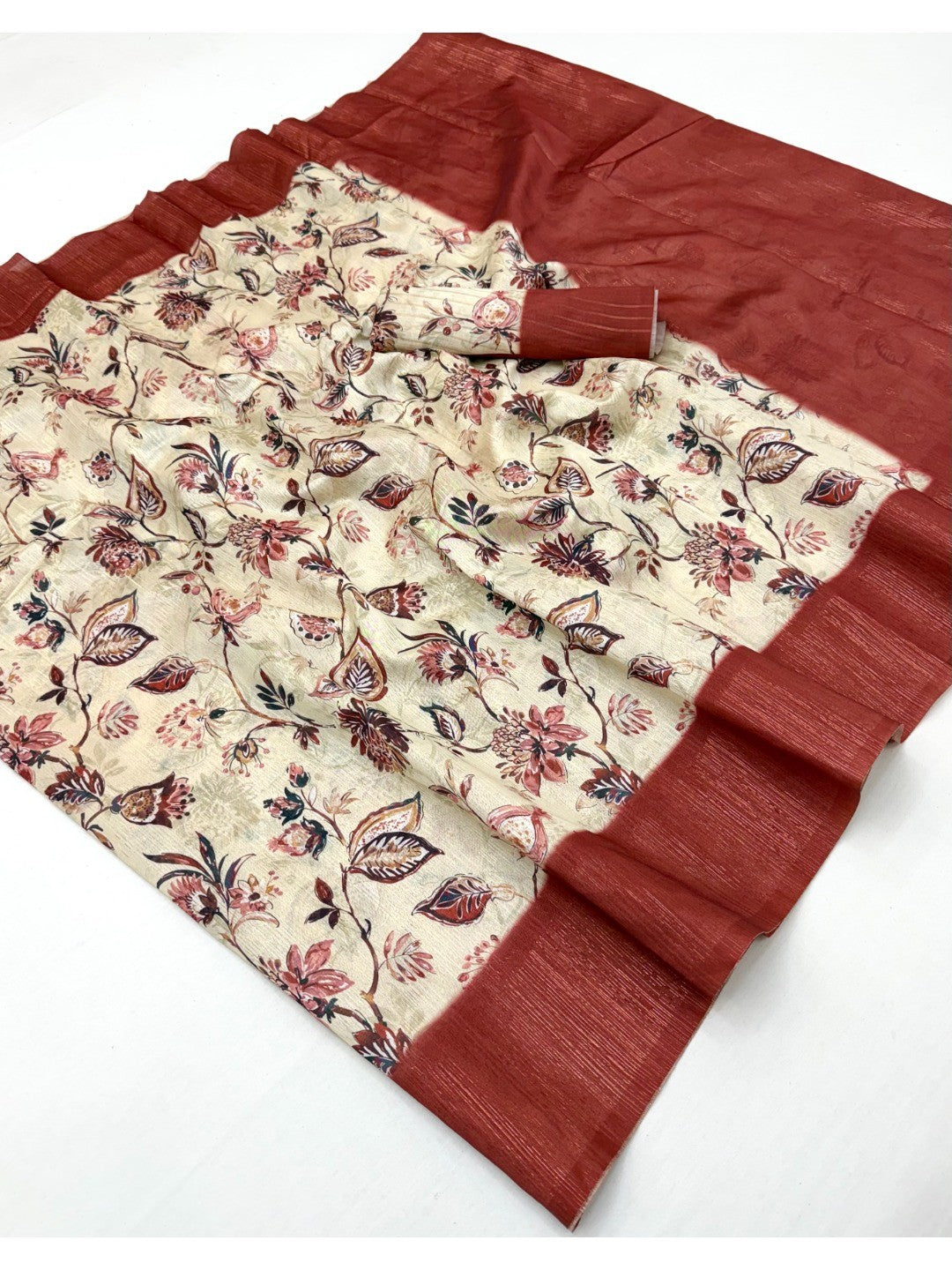 Elegant Cream & Dark Rust Floral Digital Printed Cotton Silk Saree With Rich Weaving Border Work - Image 3