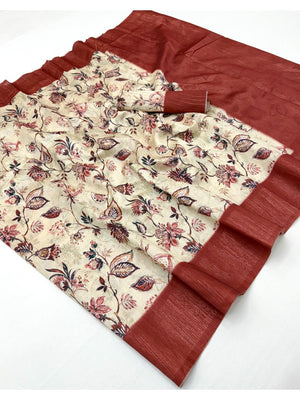 Elegant Cream & Dark Rust Floral Digital Printed Cotton Silk Saree With Rich Weaving Border Work - Image 2