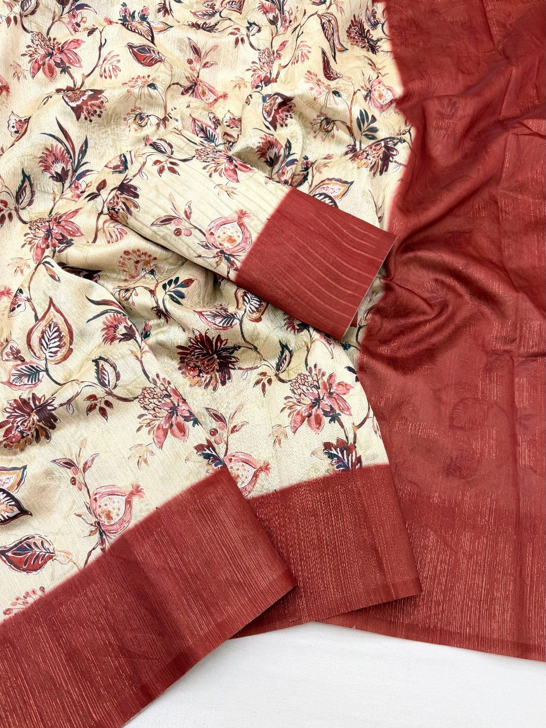 Elegant Cream & Dark Rust Floral Digital Printed Cotton Silk Saree With Rich Weaving Border Work - Image 2
