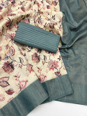 Elegant Cream & Slate Blue Floral Digital Printed Cotton Silk Saree With Rich Weaving Border Work - Image 2