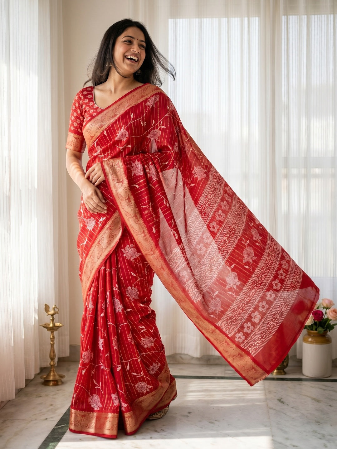 Elegant Red Crepe Saree with Floral Print and Zari Jacquard Border - Image 1
