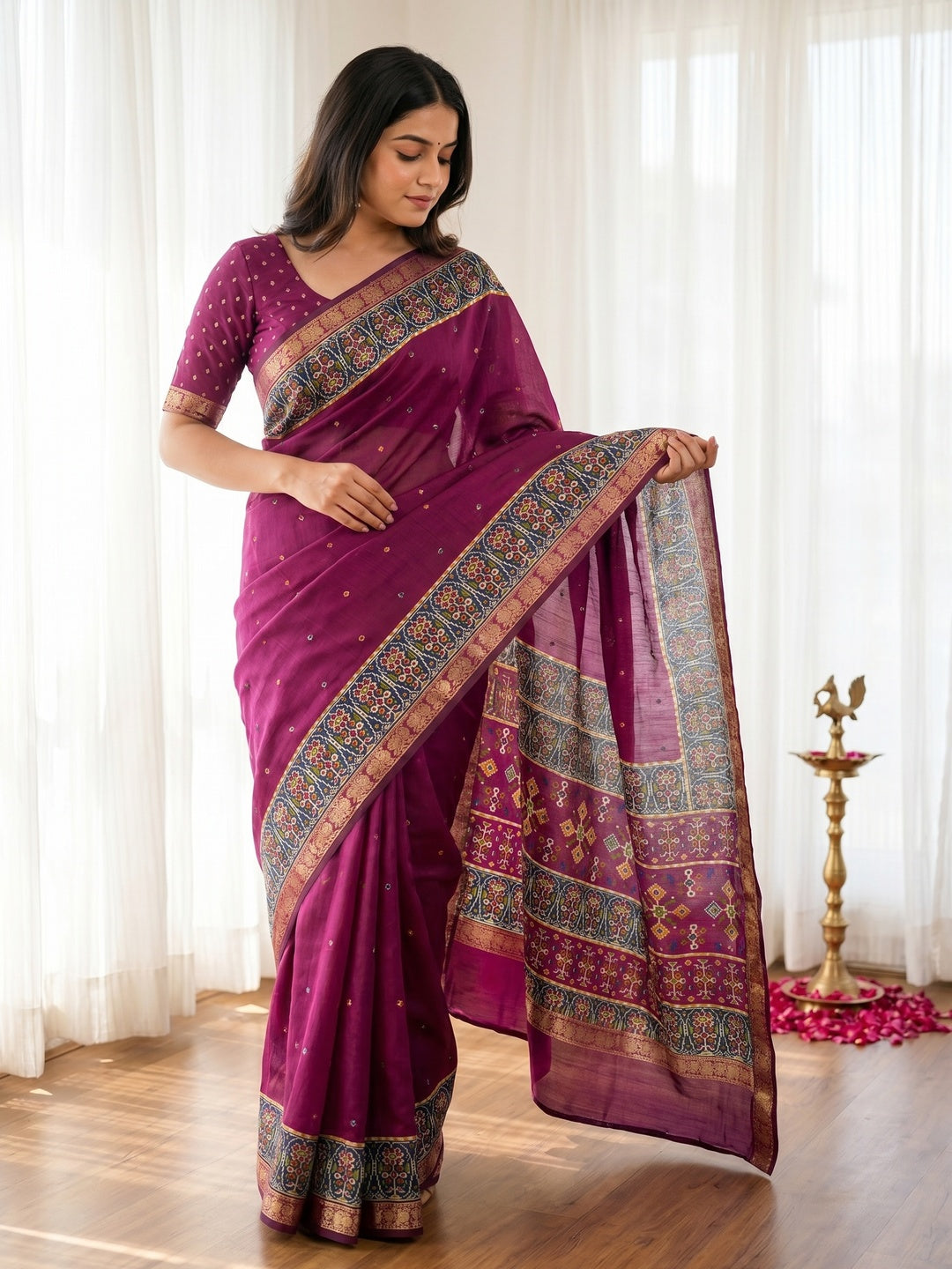 Wine Viscose Saree with Jacquard Zari Border and Fancy Print - Image 1