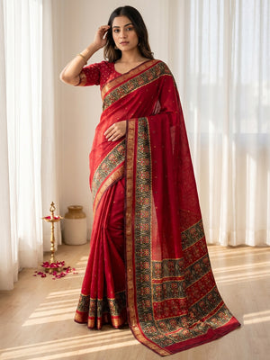 Elegant Red Viscose Saree with Jacquard Zari Border and Fancy Print - Image 1