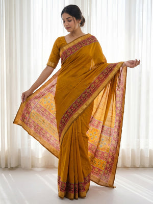 Mustard Yellow Viscose Saree with Jaipuri Print and Zari Border - Image 1