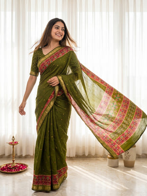 Elegant Green Viscose Saree with Jaipuri Print and Jacquard Zari Border - Image 1