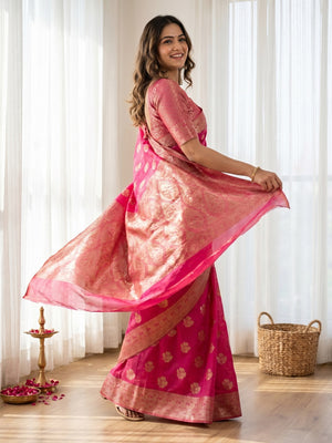Elegant Pink Cotton Silk Saree with Floral Zari Weave - Image 1