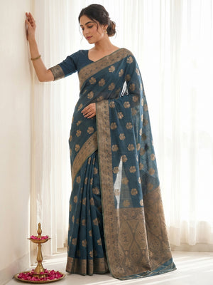 Elegant Teal Cotton Silk Saree With Floral Zari Weave - Image 1