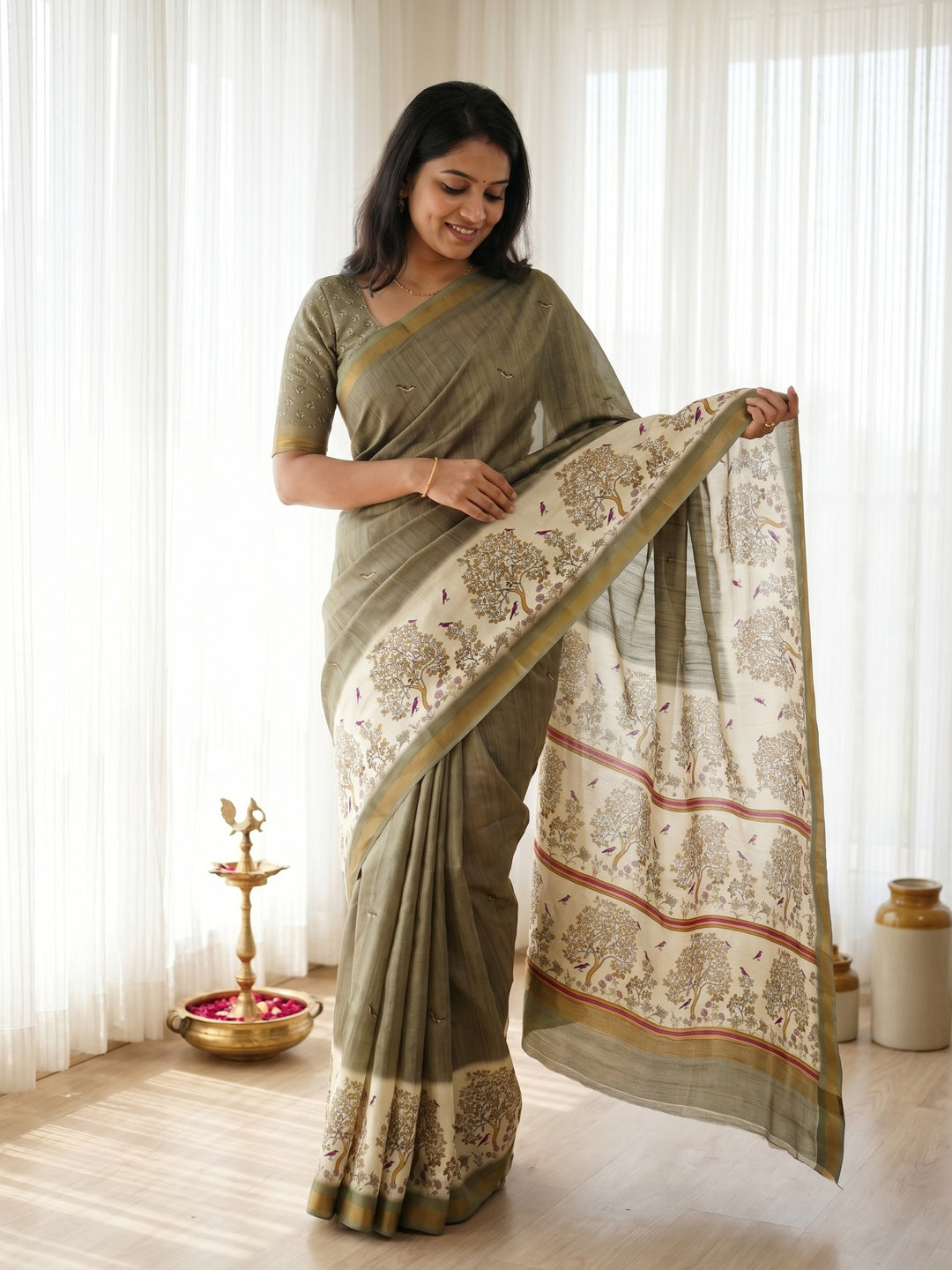 Olive Digital Printed Dola Silk Saree with Zari Border - Image 1