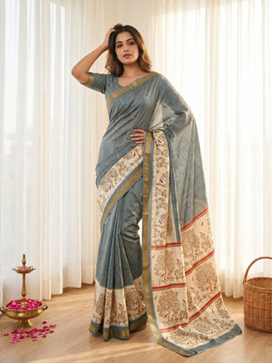 Elegant Grey Digital Printed Dola Silk Saree with Zari Border - Image 1