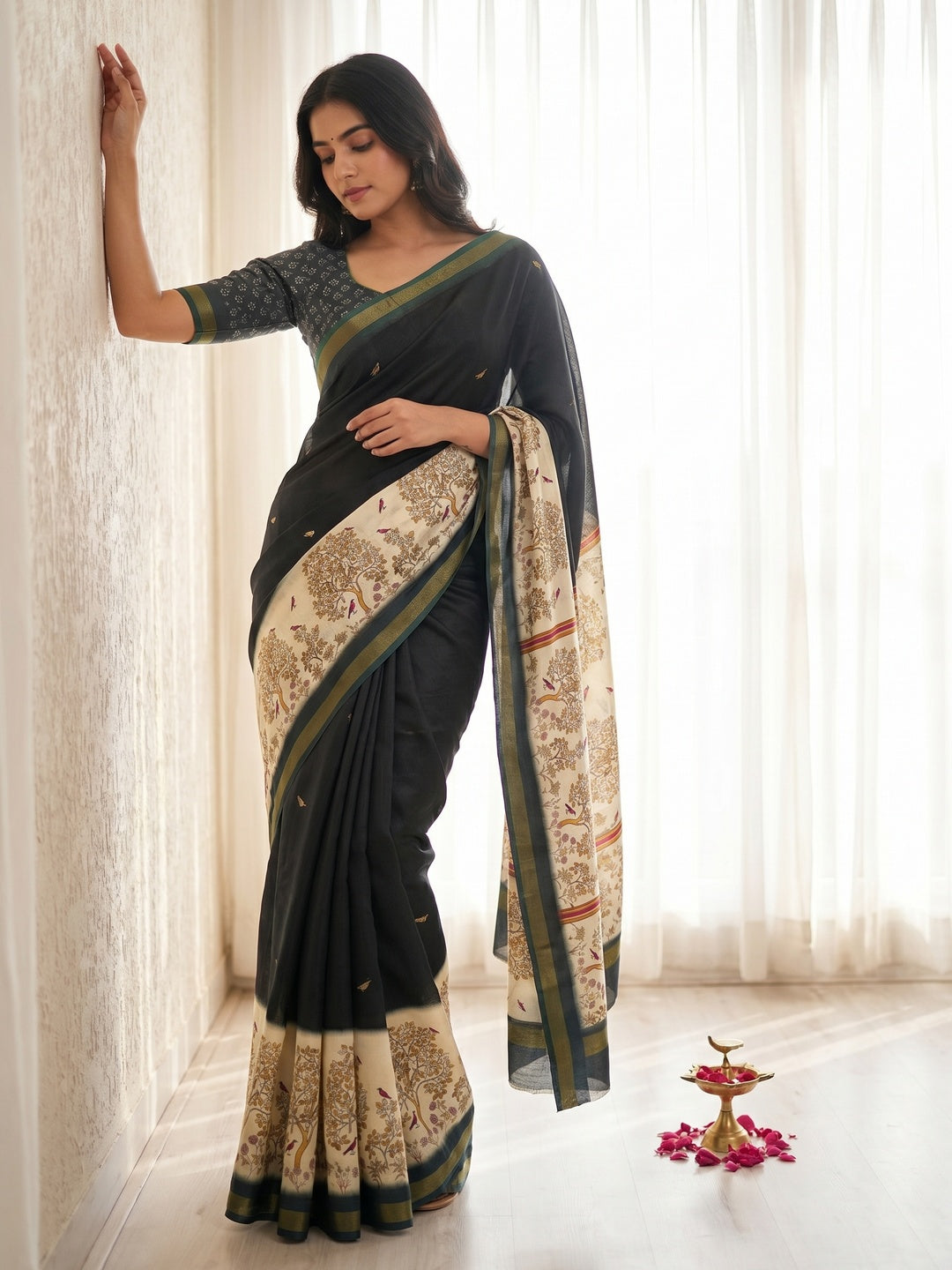 Black Digital Printed Dola Silk Saree With Zari Border - Image 1