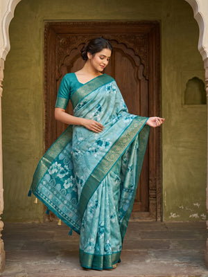 Rama Blue Dola Silk Saree with Floral Digital Print and Jacquard Border - Image 1