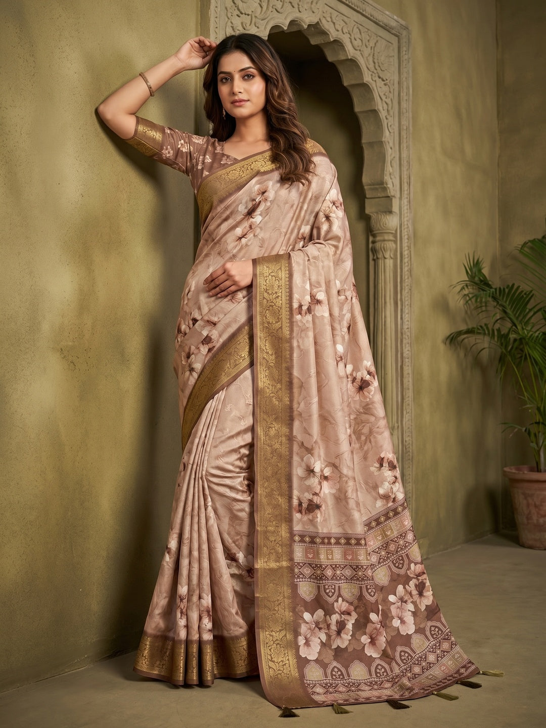 Elegant Brown Dola Silk Saree with Floral Digital Print and Jacquard Border - Image 1