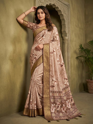 Elegant Brown Dola Silk Saree with Floral Digital Print and Jacquard Border - Image 1