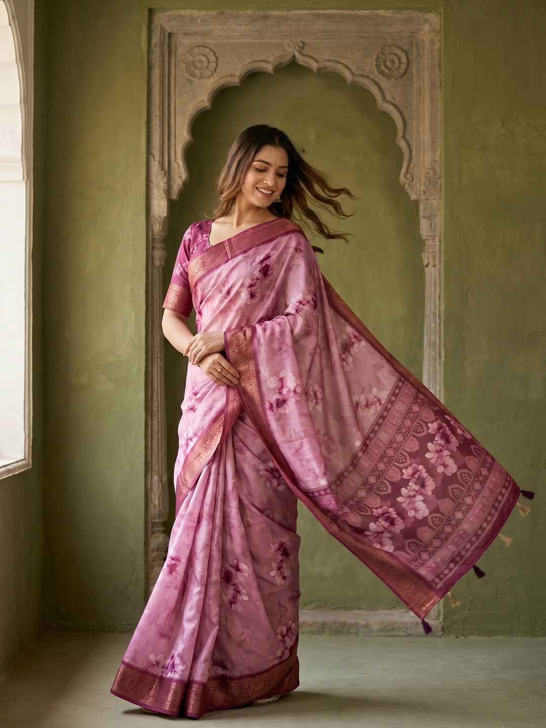 Elegant Pink Dola Silk Saree with Digital Print and Jacquard Border - Image 1