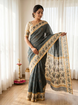 Elegant Grey Cotton Silk Digital Print Saree with Zari Border - Image 1