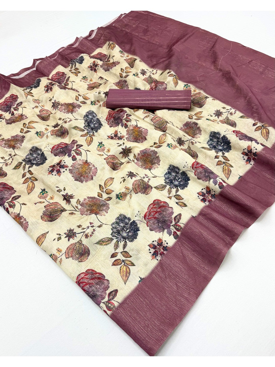 Offwhite & Mauve Floral Digital Print Pure Cotton Saree with Woven Border - Image 3