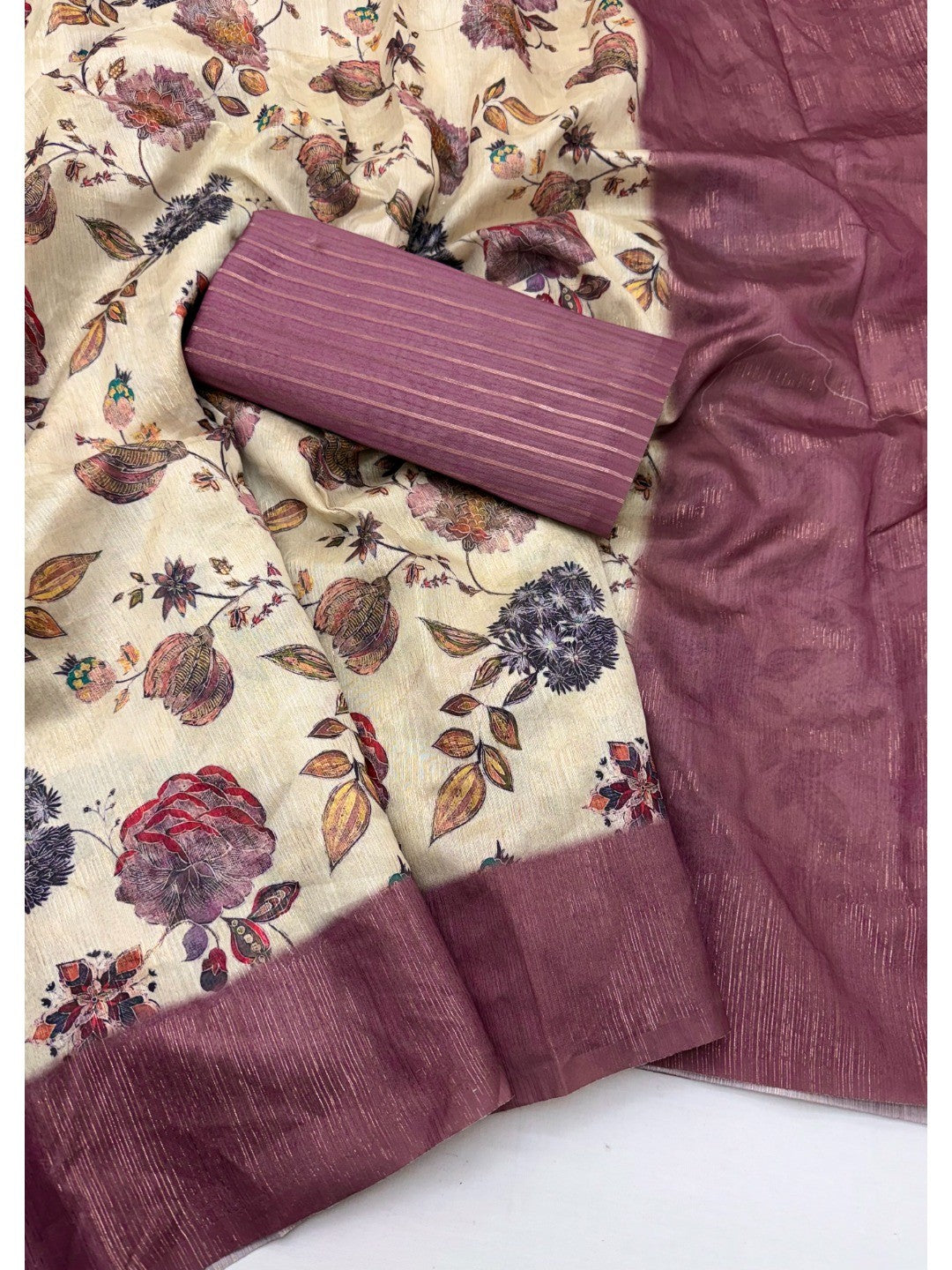 Offwhite & Mauve Floral Digital Print Pure Cotton Saree with Woven Border - Image 2
