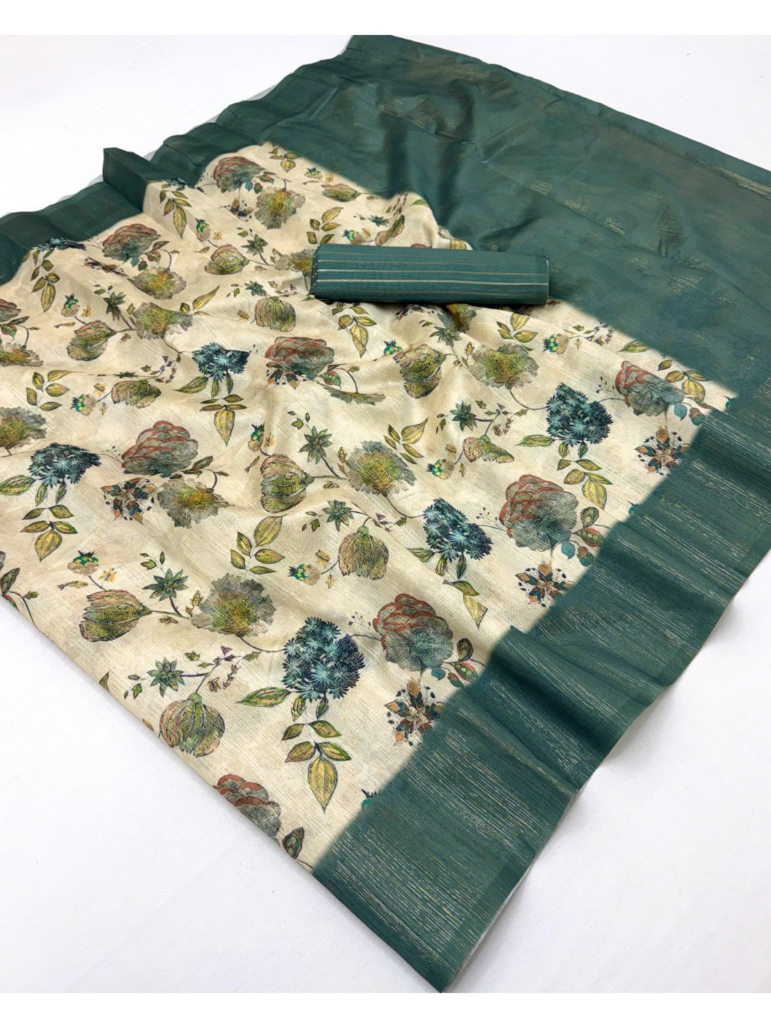 Elegant Floral Printed Pure Cotton Saree in Offwhite & Green with Woven Border - Image 2