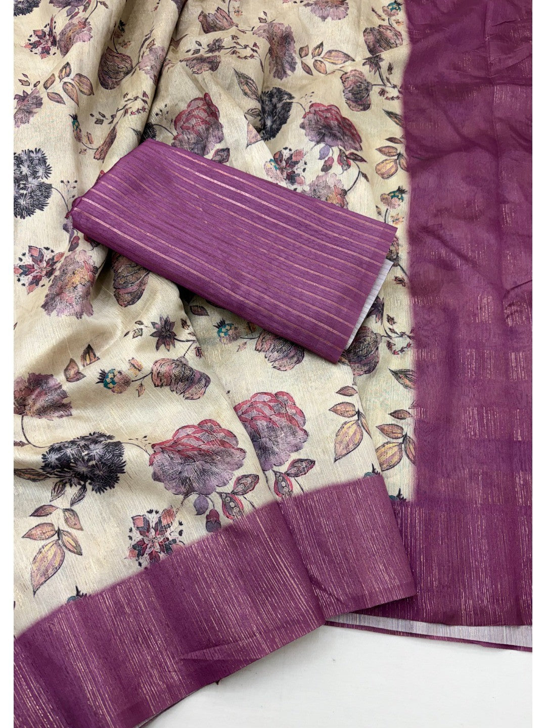 Offwhite & Purple Floral Digital Print Pure Cotton Saree with Woven Border - Image 3
