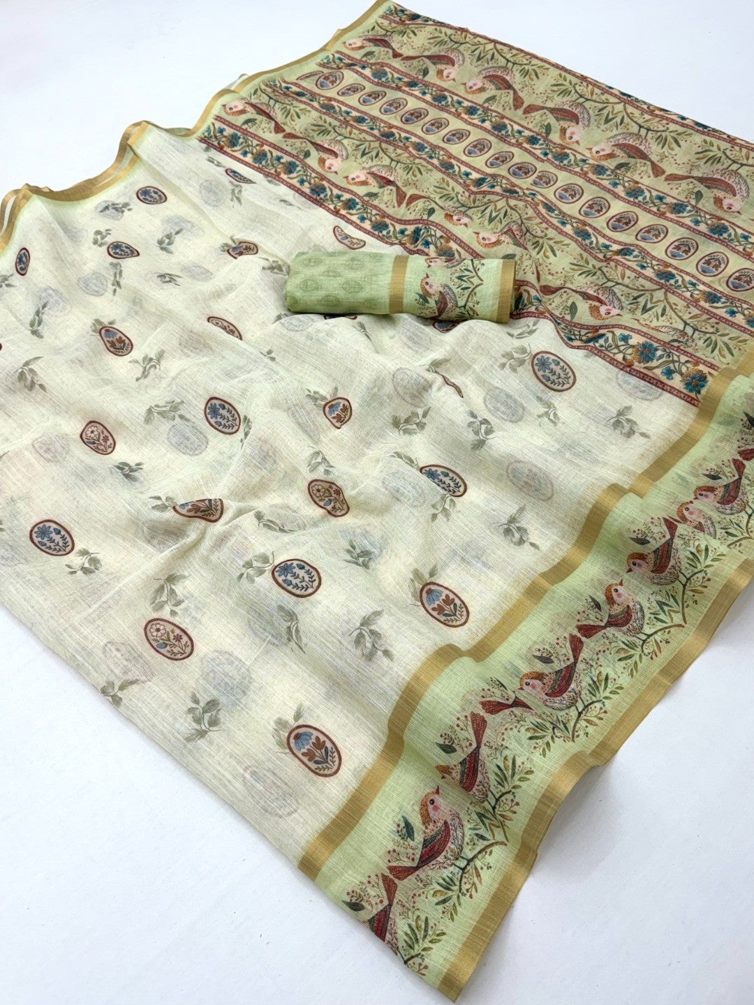 Elegant Cream Floral Digital Print Linen Cotton Saree With Rich Zari Weaving Border Work - Image 1