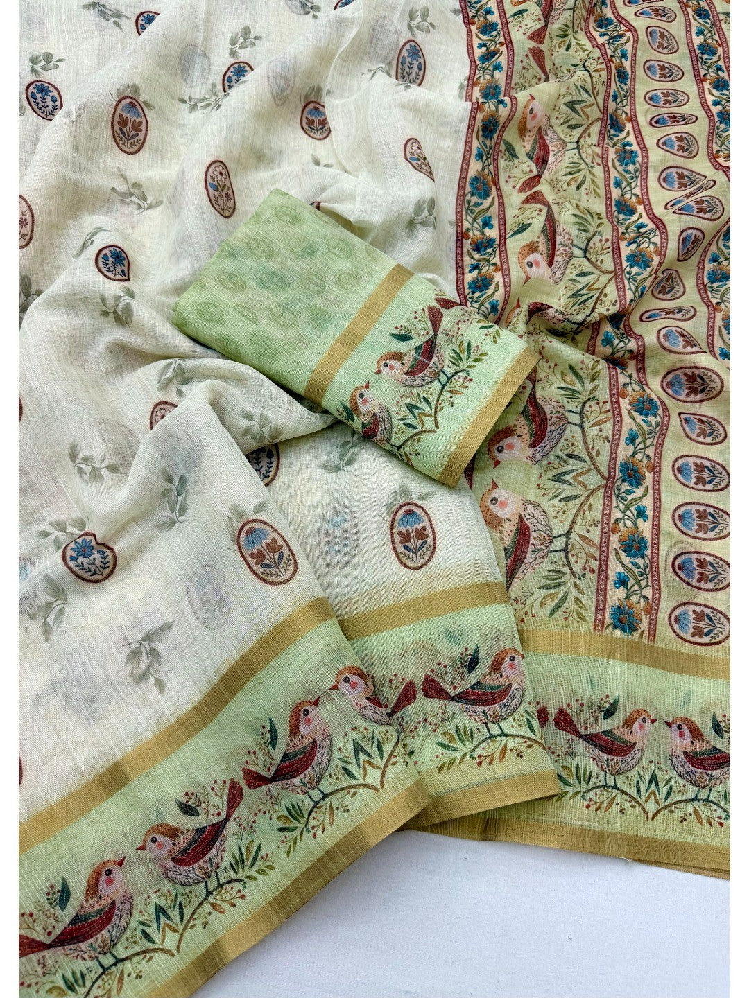 Elegant Cream Floral Digital Print Linen Cotton Saree With Rich Zari Weaving Border Work - Image 2