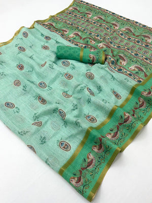 Elegant Turquoise Floral Digital Print Linen Cotton Saree With Rich Zari Weaving Border Work - Image 1