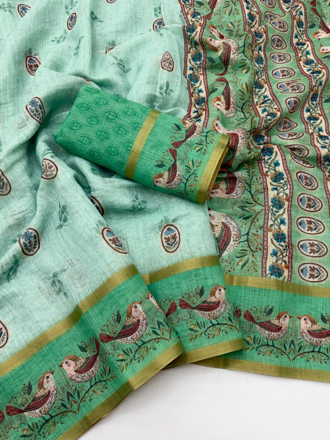 Elegant Turquoise Floral Digital Print Linen Cotton Saree With Rich Zari Weaving Border Work - Image 2