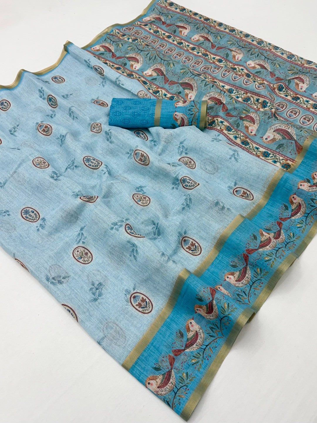 Elegant Blue Floral Digital Print Linen Cotton Saree With Rich Zari Weaving Border Work - Image 1